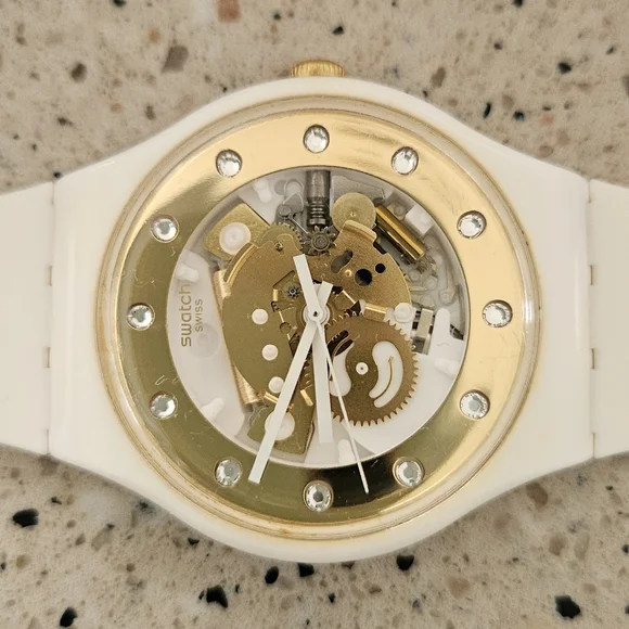 Swatch White Silicone Watch with Gold Transparent Dial and Swarovski Crystals - Picture 2 of 11